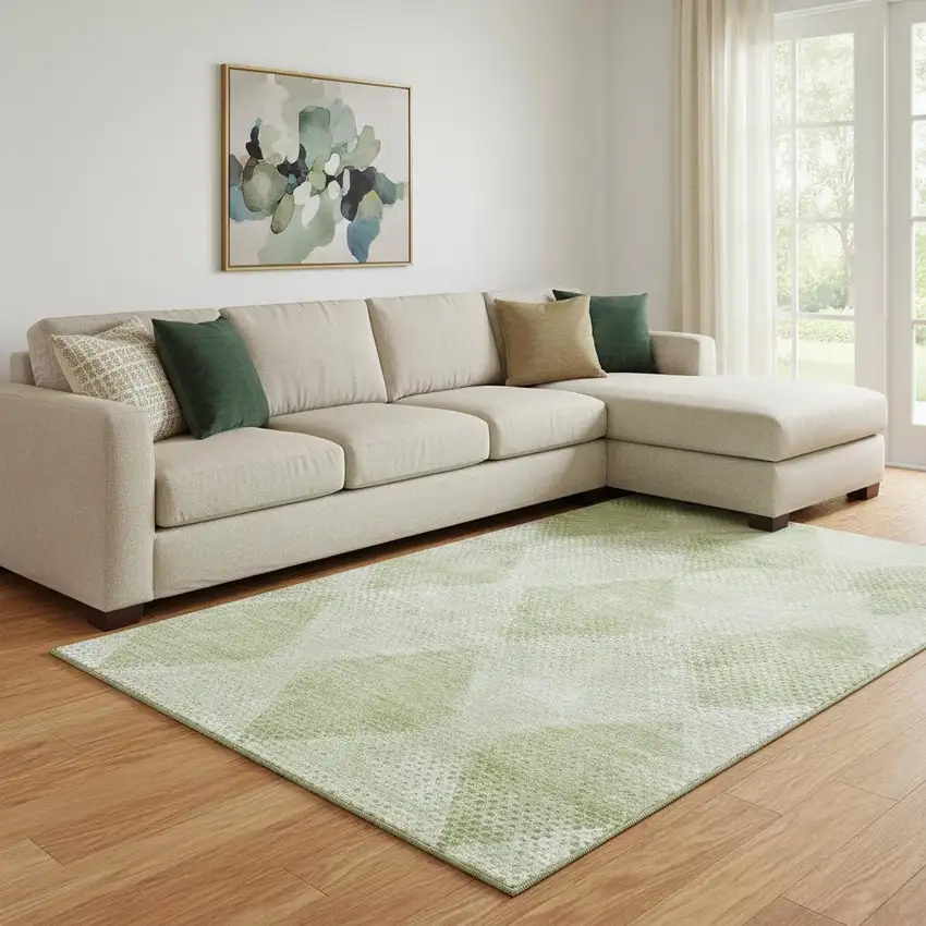 Mint Green And Ivory Geometric Washable Area Rug With UV Protection Photo 1