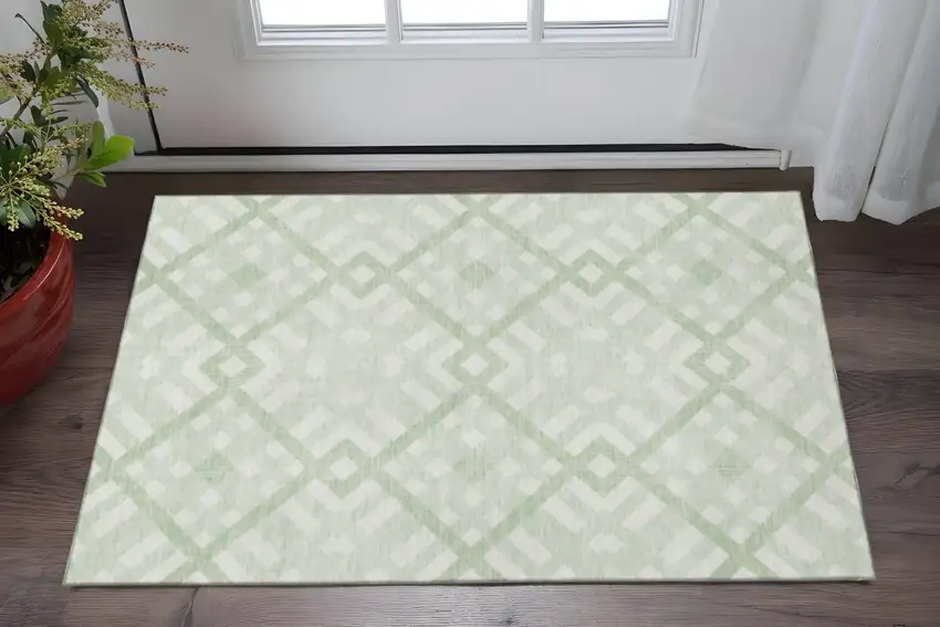 Mint Green And Ivory Geometric Washable Area Rug With UV Protection Photo 2