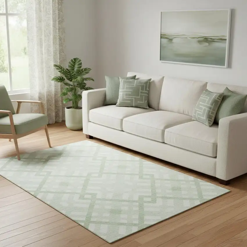 Mint Green And Ivory Geometric Washable Area Rug With UV Protection Photo 1