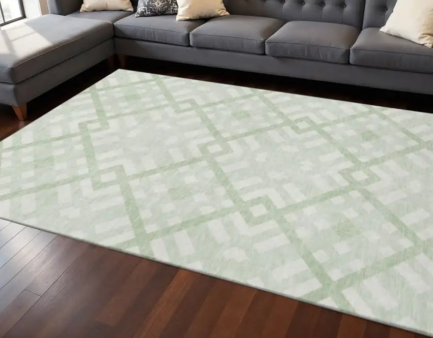 Mint Green And Ivory Geometric Washable Area Rug With UV Protection Photo 2