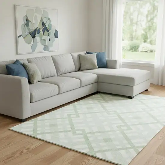 Mint Green And Ivory Geometric Washable Area Rug With UV Protection Photo 1