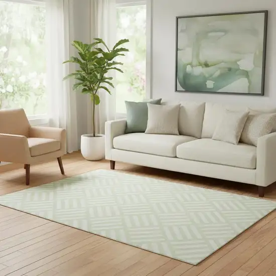 Mint Green And Ivory Geometric Washable Area Rug With UV Protection Photo 1
