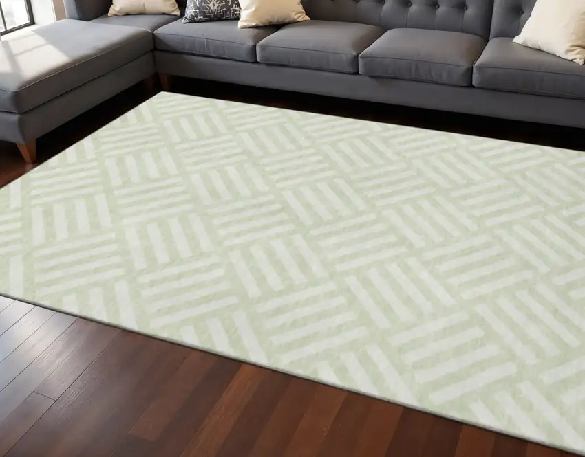 Mint Green And Ivory Geometric Washable Area Rug With UV Protection Photo 2