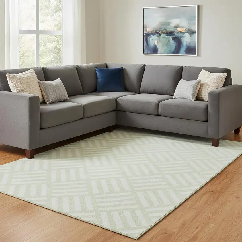 Mint Green And Ivory Geometric Washable Area Rug With UV Protection Photo 1