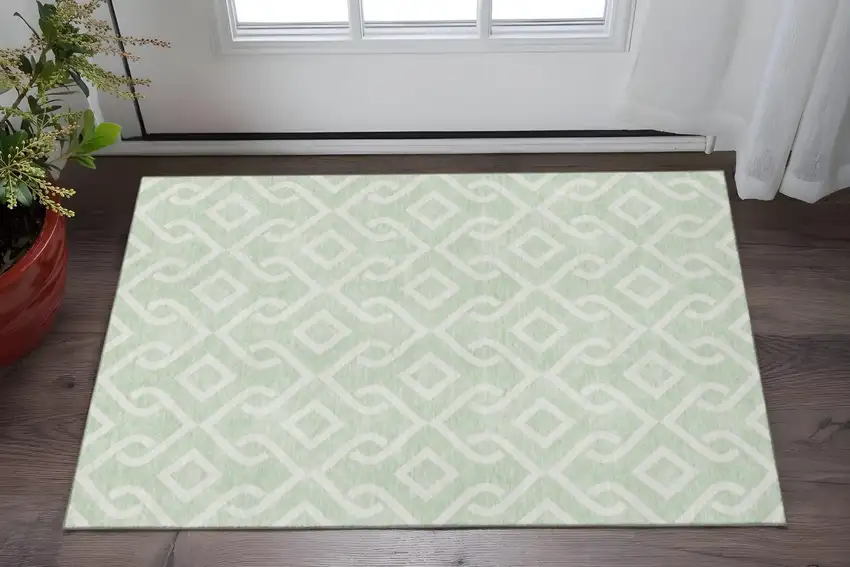 Mint Green And Ivory Geometric Washable Area Rug With UV Protection Photo 2