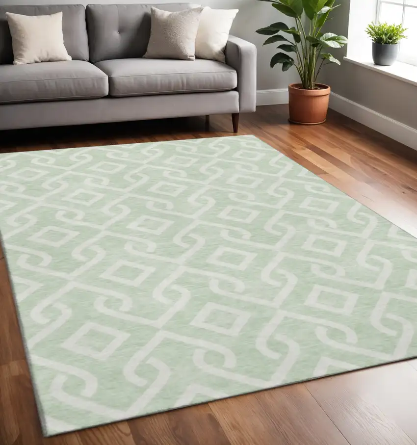 Mint Green And Ivory Geometric Washable Area Rug With UV Protection Photo 2