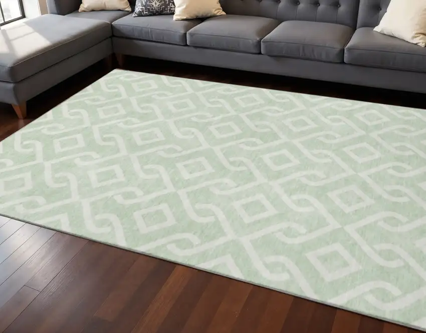 Mint Green And Ivory Geometric Washable Area Rug With UV Protection Photo 2