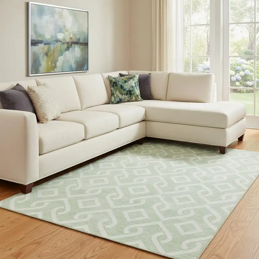 Mint Green And Ivory Geometric Washable Area Rug With UV Protection Photo 1