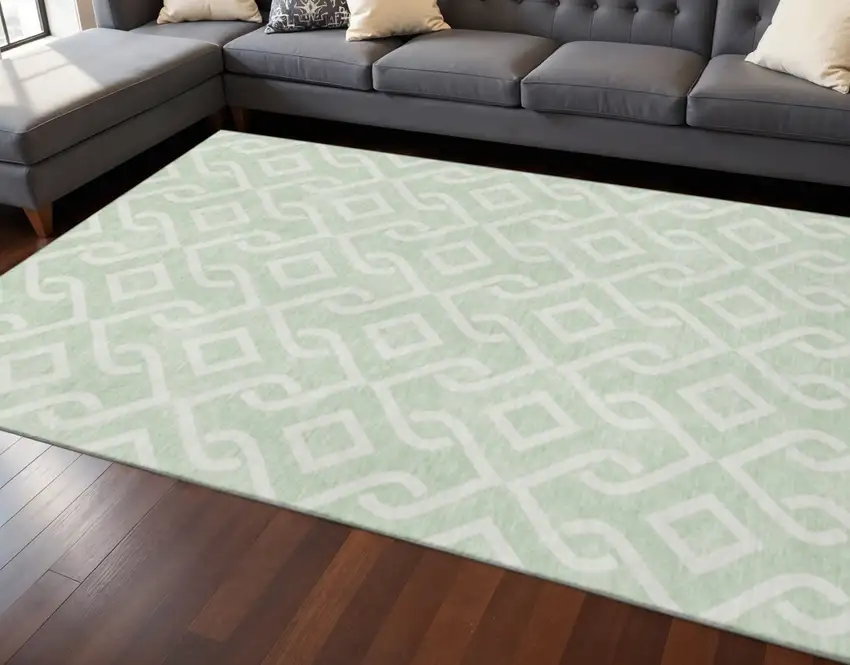 Mint Green And Ivory Geometric Washable Area Rug With UV Protection Photo 2