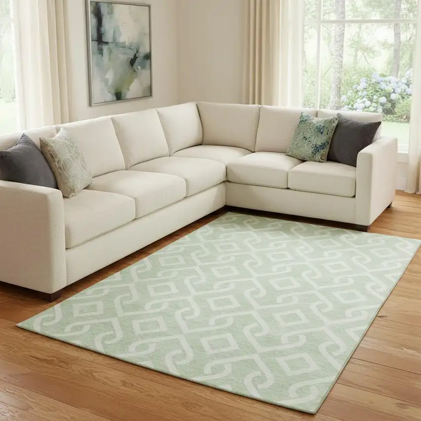 Mint Green And Ivory Geometric Washable Area Rug With UV Protection Photo 1