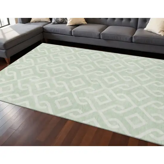 Mint Green And Ivory Geometric Washable Area Rug With UV Protection Photo 2