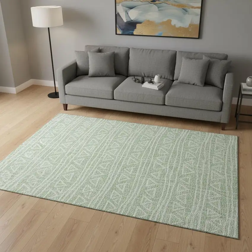 Mint Green And Ivory Geometric Washable Area Rug With UV Protection Photo 2