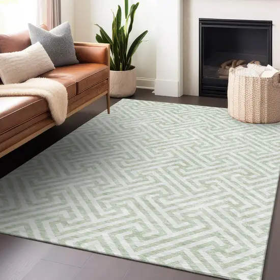 Mint Green And Ivory Geometric Washable Area Rug With UV Protection Photo 5