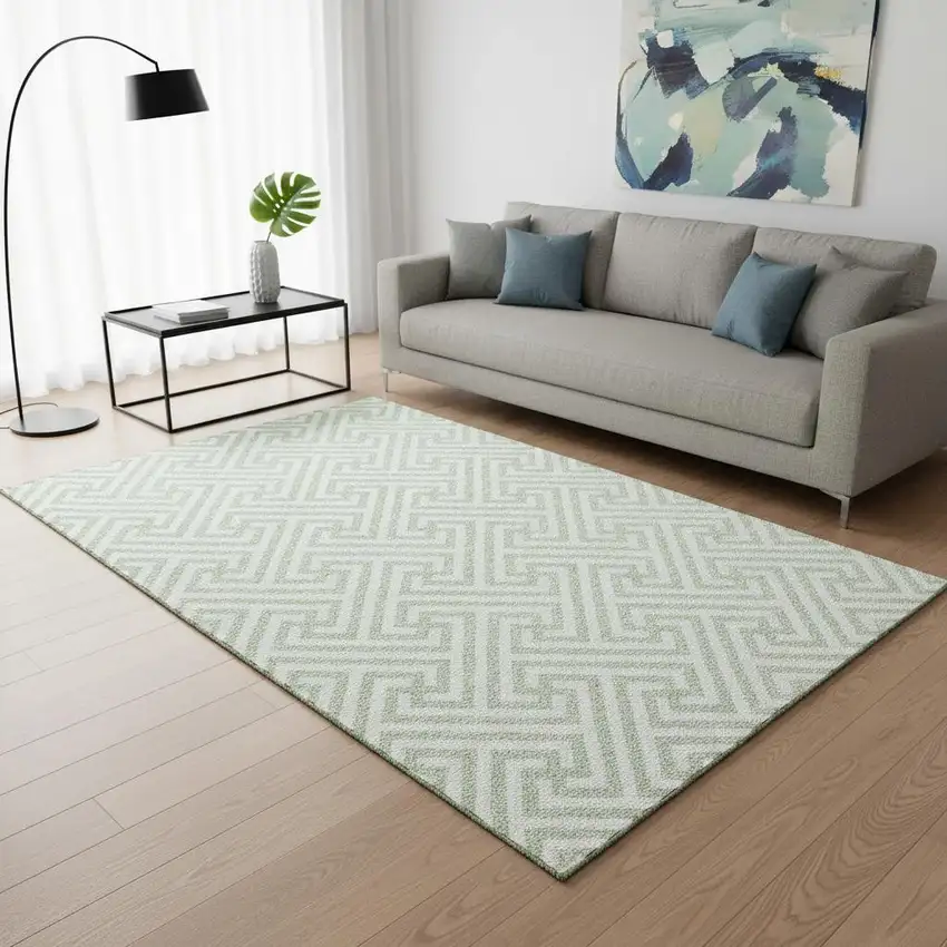 Mint Green And Ivory Geometric Washable Area Rug With UV Protection Photo 2