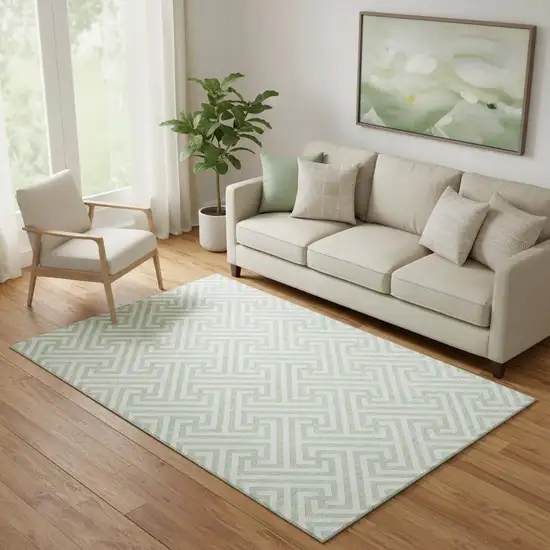 Mint Green And Ivory Geometric Washable Area Rug With UV Protection Photo 1