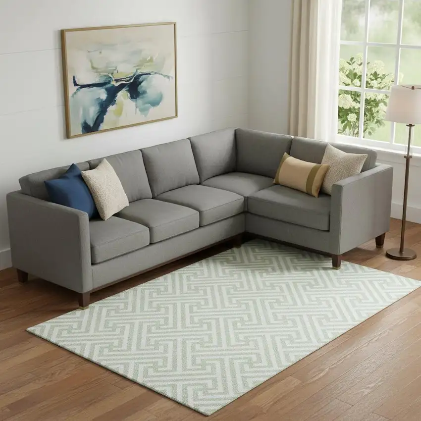 Mint Green And Ivory Geometric Washable Area Rug With UV Protection Photo 1