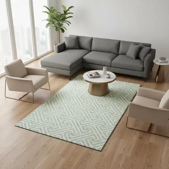 Mint Green And Ivory Geometric Washable Area Rug With UV Protection Photo 2