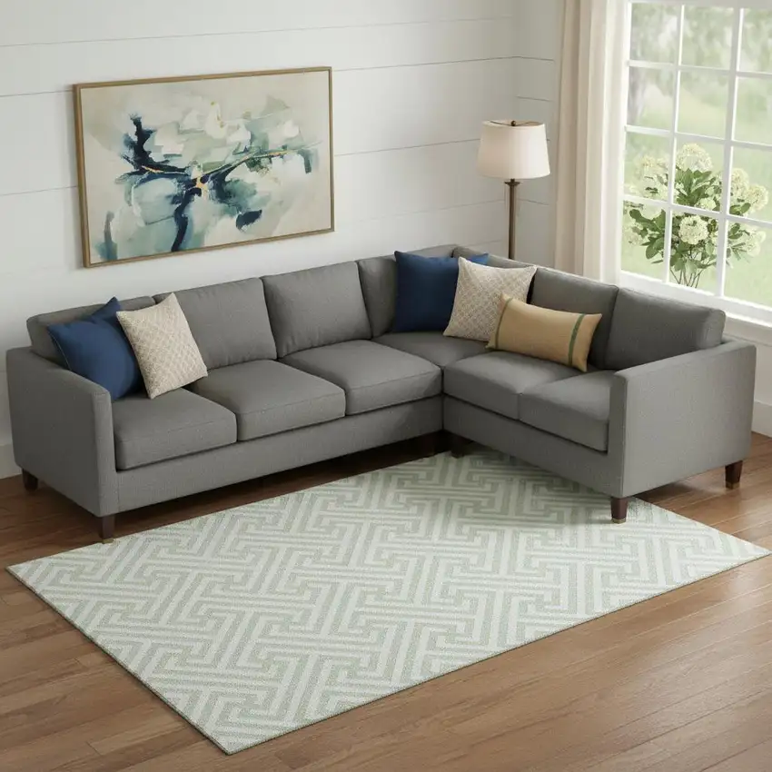 Mint Green And Ivory Geometric Washable Area Rug With UV Protection Photo 1