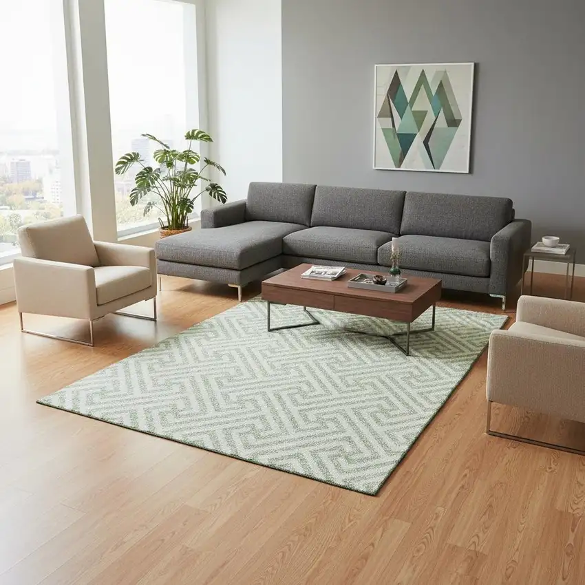 Mint Green And Ivory Geometric Washable Area Rug With UV Protection Photo 2