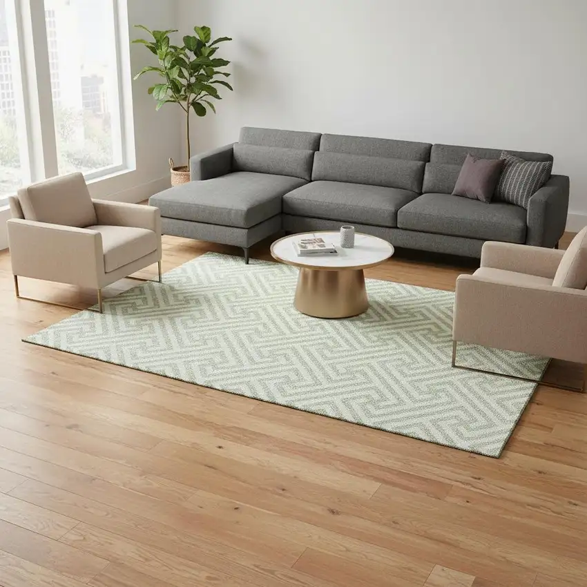 Mint Green And Ivory Geometric Washable Area Rug With UV Protection Photo 2