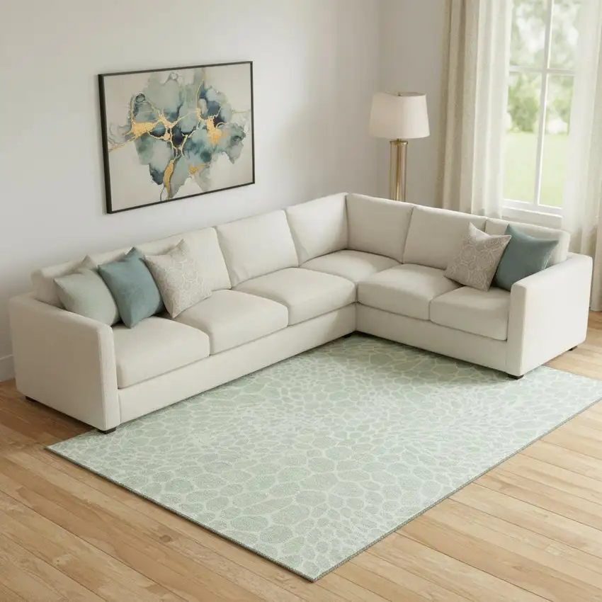 Mint Green And Ivory Geometric Washable Area Rug With UV Protection Photo 1