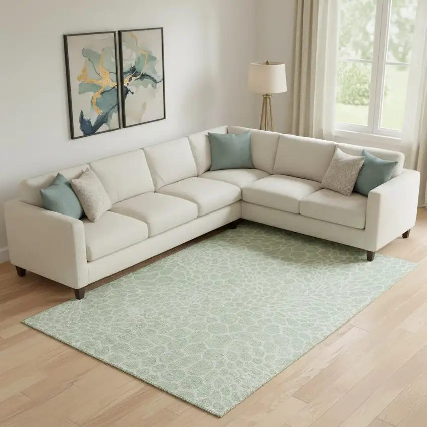 Mint Green And Ivory Geometric Washable Area Rug With UV Protection Photo 1