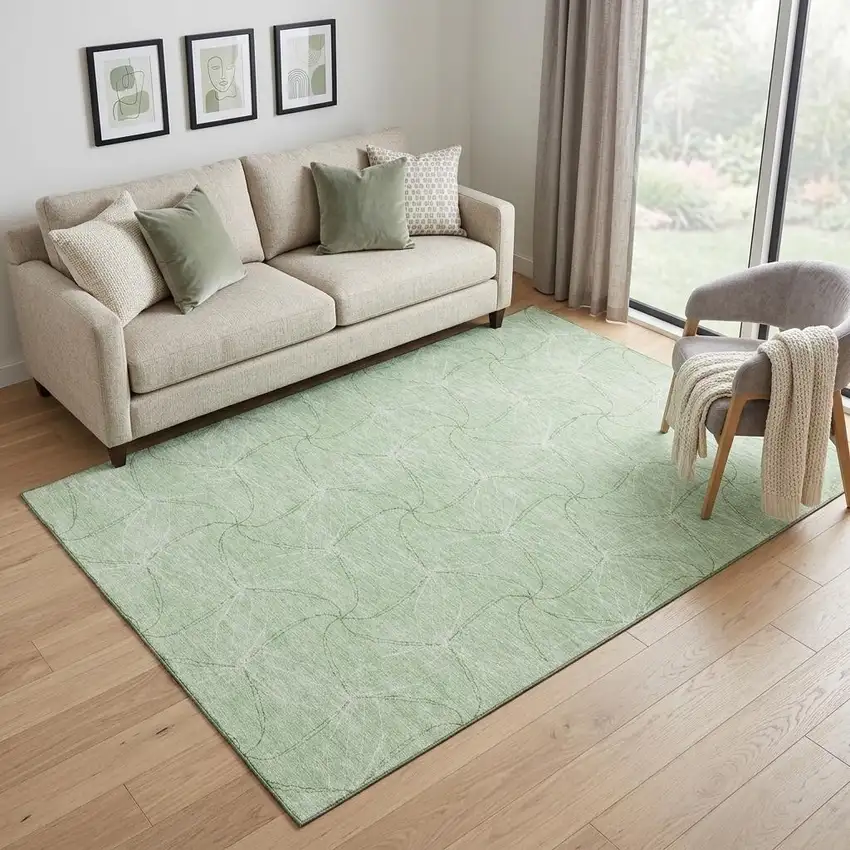 Mint Green And Ivory Geometric Washable Area Rug With UV Protection Photo 1