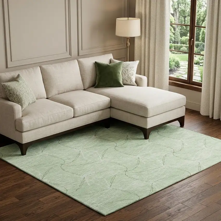 Mint Green And Ivory Geometric Washable Area Rug With UV Protection Photo 1