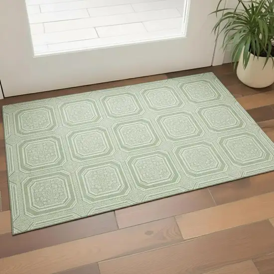 Mint Green And Ivory Geometric Washable Area Rug With UV Protection Photo 2
