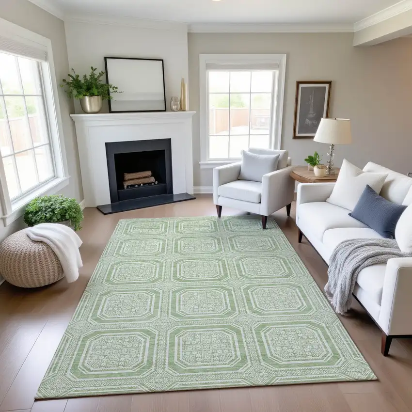 Mint Green And Ivory Geometric Washable Area Rug With UV Protection Photo 4