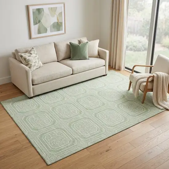 Mint Green And Ivory Geometric Washable Area Rug With UV Protection Photo 1