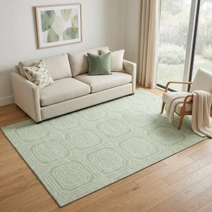 Mint Green And Ivory Geometric Washable Area Rug With UV Protection Photo 1