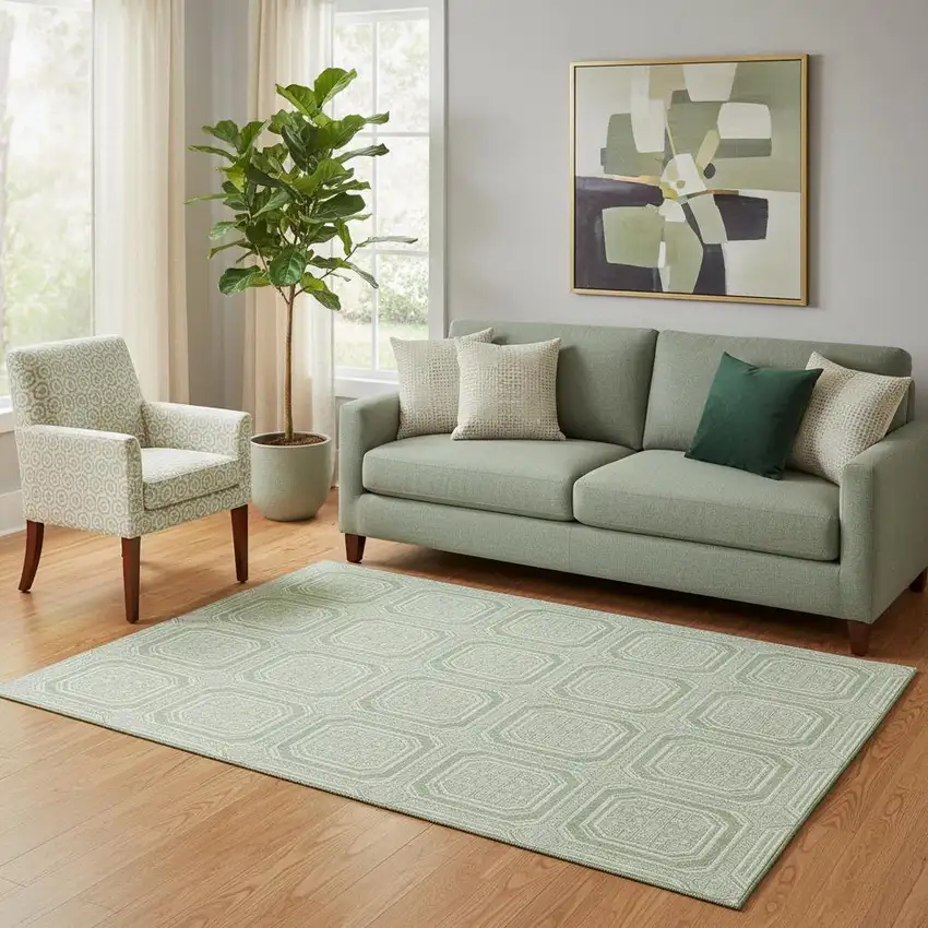 Mint Green And Ivory Geometric Washable Area Rug With UV Protection Photo 2