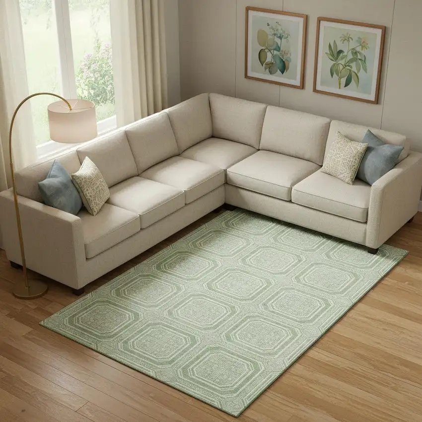 Mint Green And Ivory Geometric Washable Area Rug With UV Protection Photo 2
