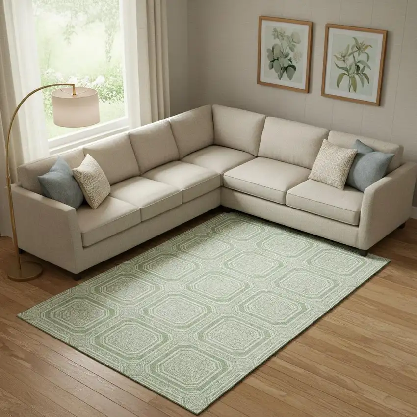 Mint Green And Ivory Geometric Washable Area Rug With UV Protection Photo 2