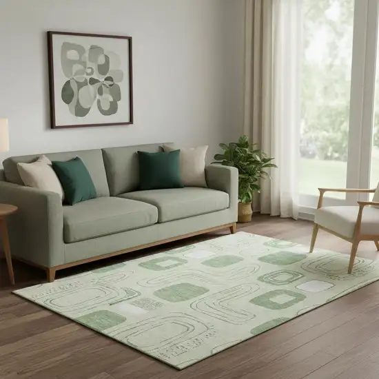 Mint Green And Ivory Geometric Washable Area Rug With UV Protection Photo 2