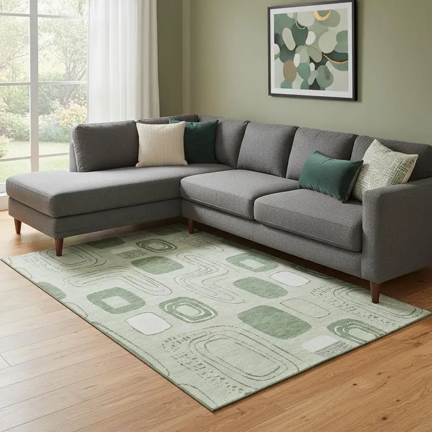 Mint Green And Ivory Geometric Washable Area Rug With UV Protection Photo 2