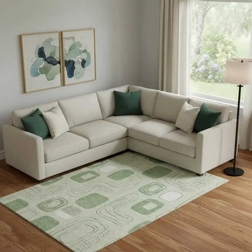 Mint Green And Ivory Geometric Washable Area Rug With UV Protection Photo 2