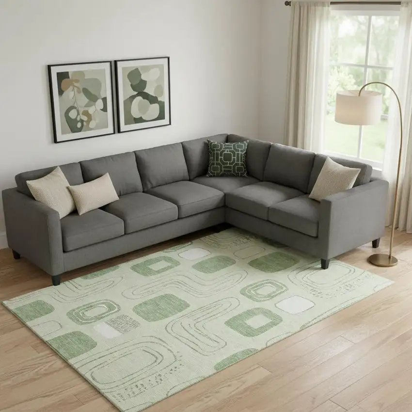 Mint Green And Ivory Geometric Washable Area Rug With UV Protection Photo 2