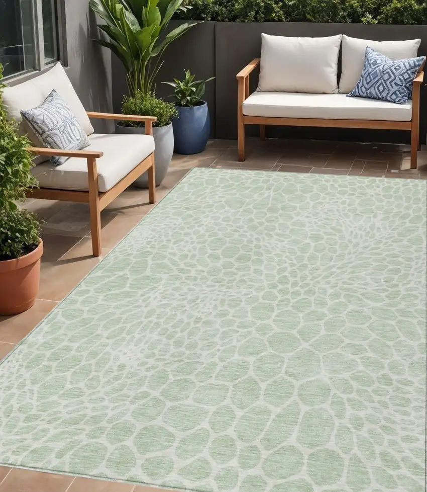 Mint Green And Ivory Geometric Washable Indoor Outdoor Area Rug Photo 1