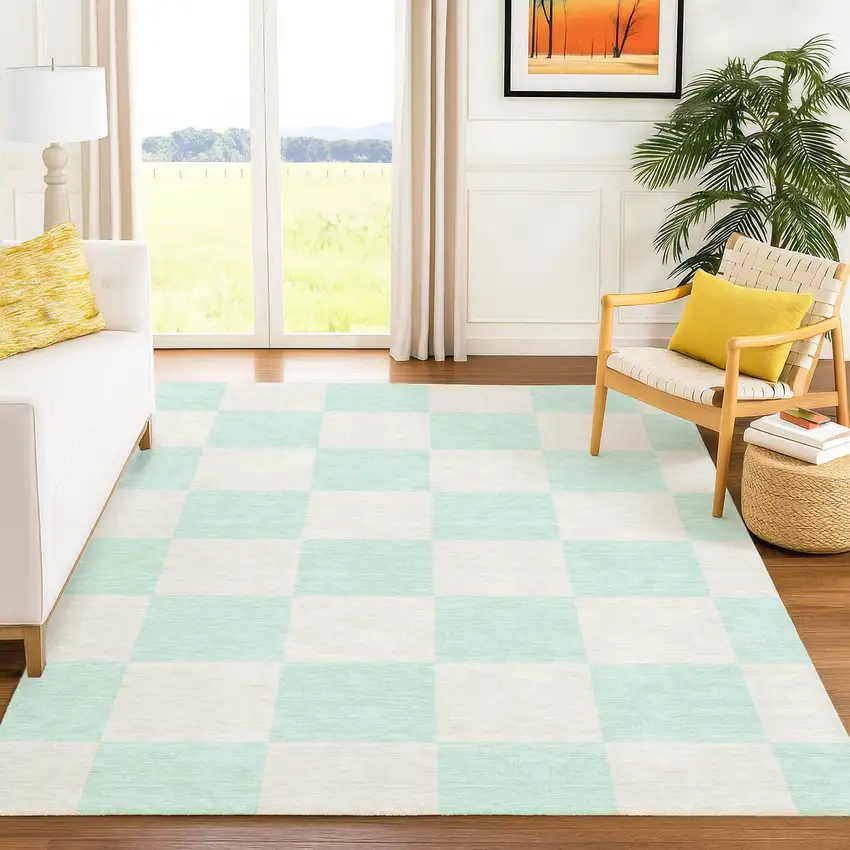 Mint Green And Ivory Geometric Washable Indoor Outdoor Area Rug Photo 8