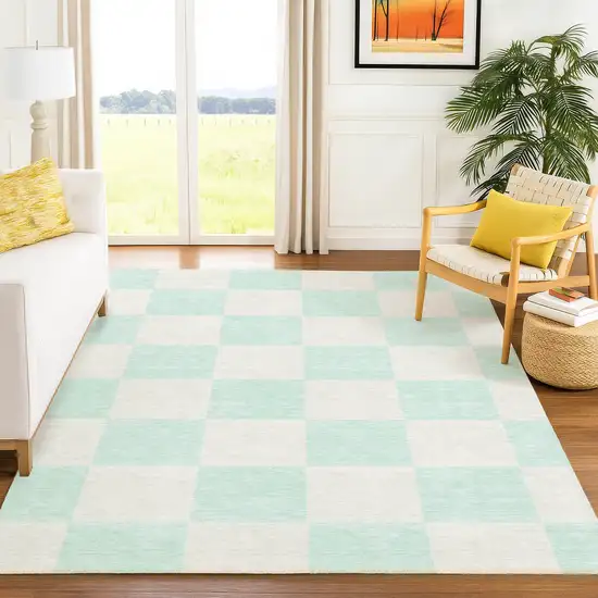 Mint Green And Ivory Geometric Washable Indoor Outdoor Area Rug Photo 8