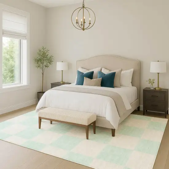 Mint Green And Ivory Geometric Washable Indoor Outdoor Area Rug Photo 7