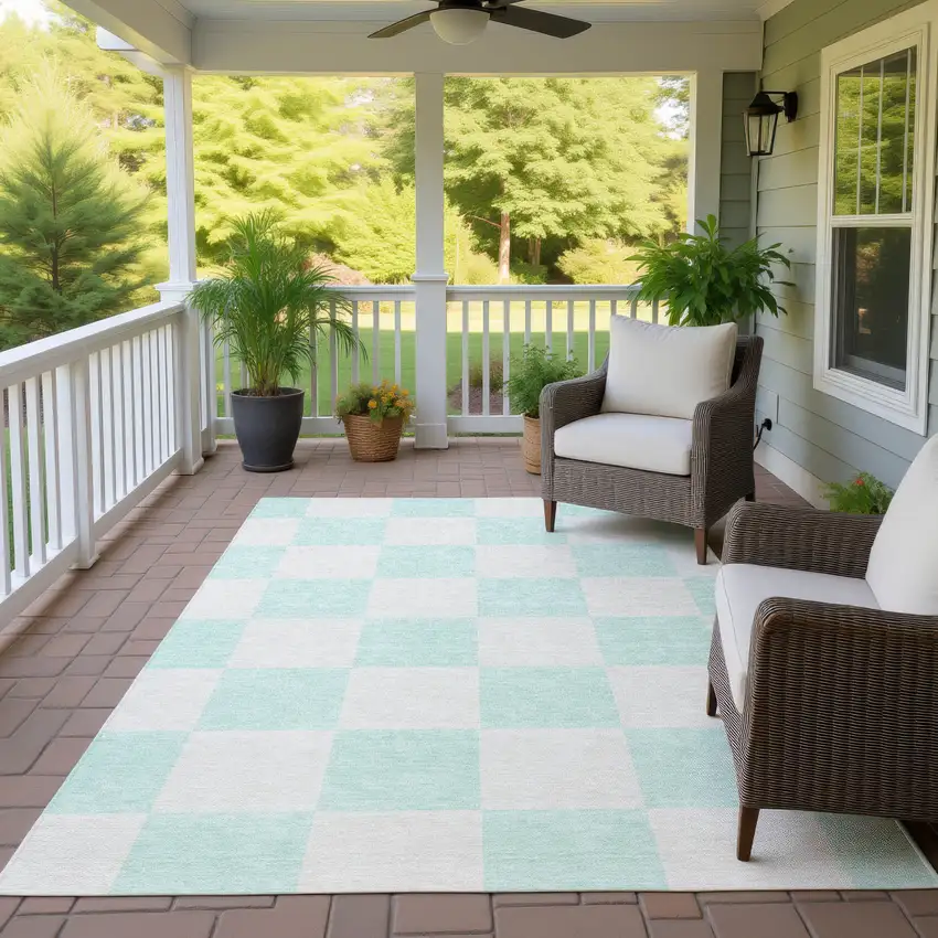 Mint Green And Ivory Geometric Washable Indoor Outdoor Area Rug Photo 9