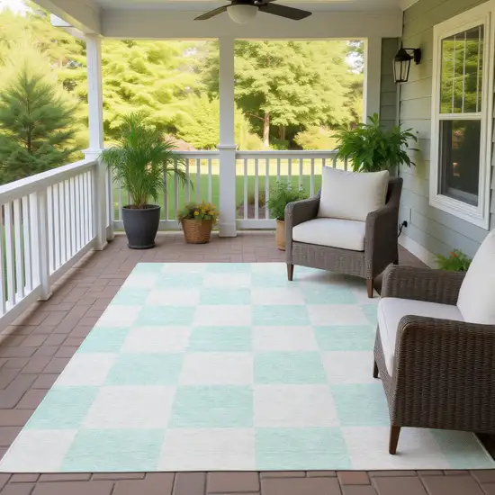 Mint Green And Ivory Geometric Washable Indoor Outdoor Area Rug Photo 9