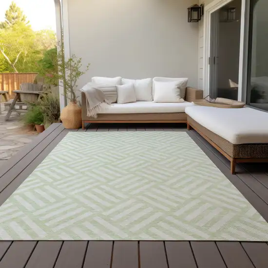 Mint Green And Ivory Geometric Washable Indoor Outdoor Area Rug Photo 9