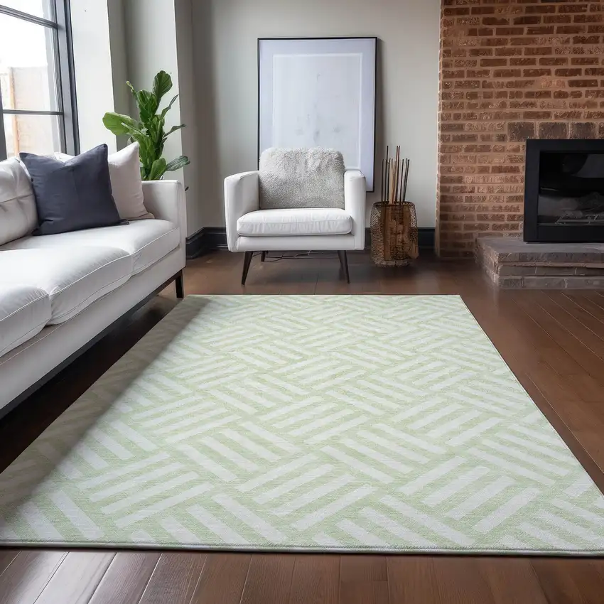 Mint Green And Ivory Geometric Washable Indoor Outdoor Area Rug Photo 7