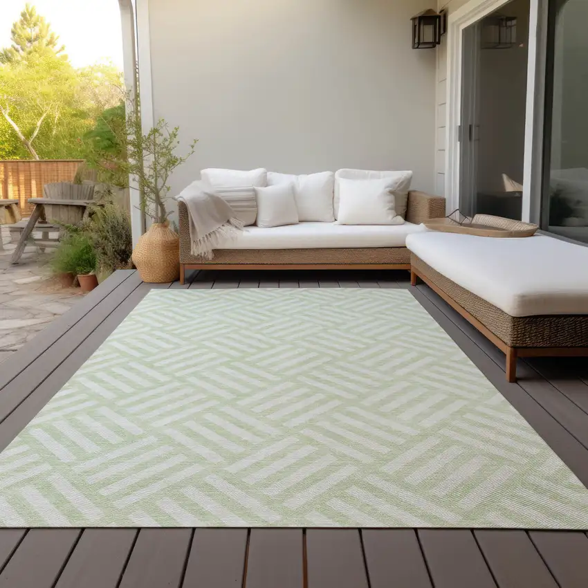 Mint Green And Ivory Geometric Washable Indoor Outdoor Area Rug Photo 9