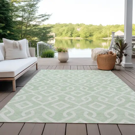 Mint Green And Ivory Geometric Washable Indoor Outdoor Area Rug Photo 9
