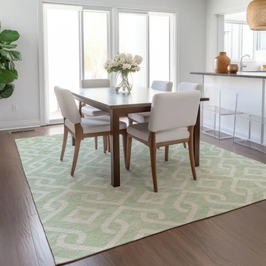 Mint Green And Ivory Geometric Washable Indoor Outdoor Area Rug Photo 8